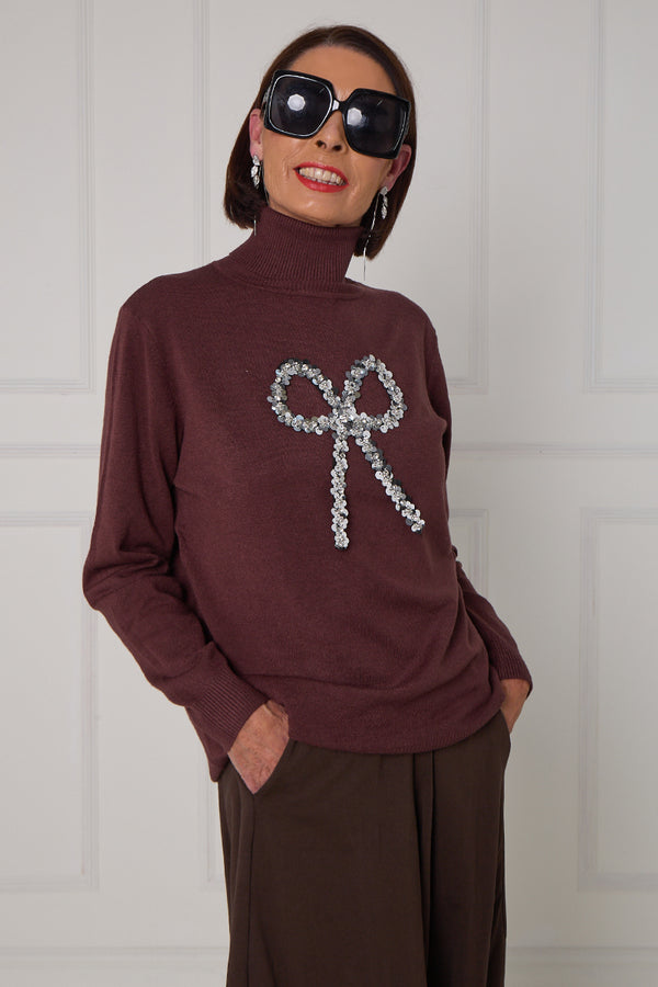 Sequin bow knitwear in chocolate