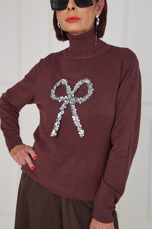 Sequin bow knitwear in chocolate
