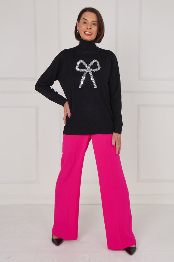 Sequin bow knitwear in black
