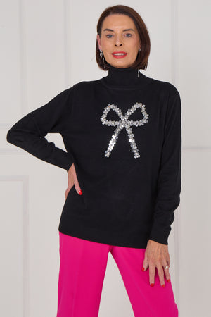 Sequin bow knitwear in black