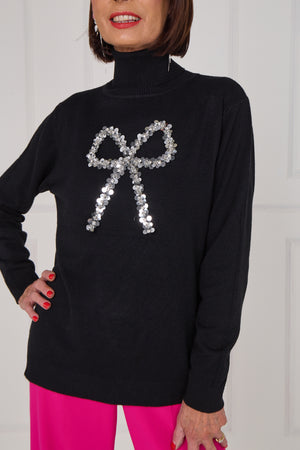 Sequin bow knitwear in black