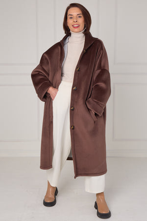 Alberto hooded long coat in Chocolate