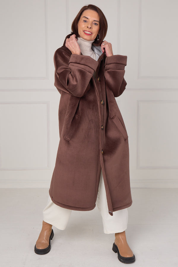 Alberto hooded long coat in Chocolate