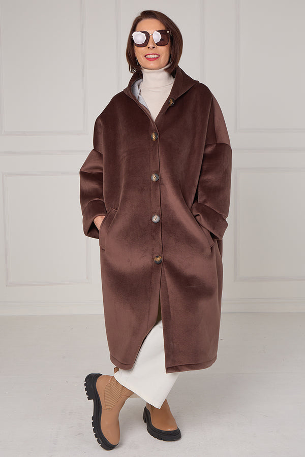 Alberto hooded long coat in Chocolate