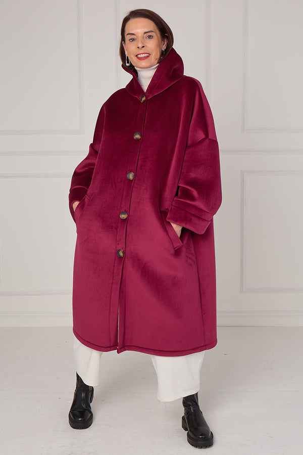 Alberto hooded long coat in mulberry