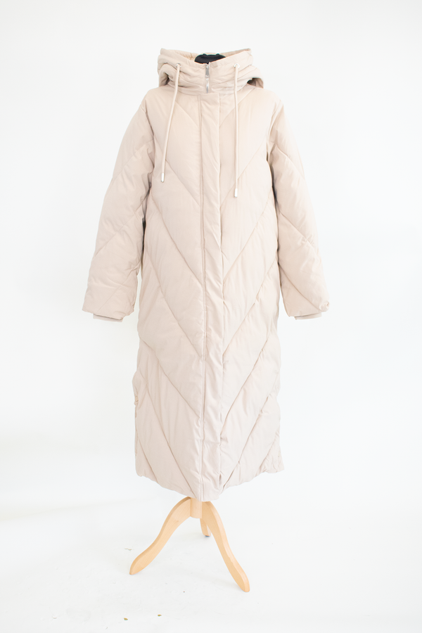 Loraya Hooded Puffer Coat with Quilted Design in Warm Beige