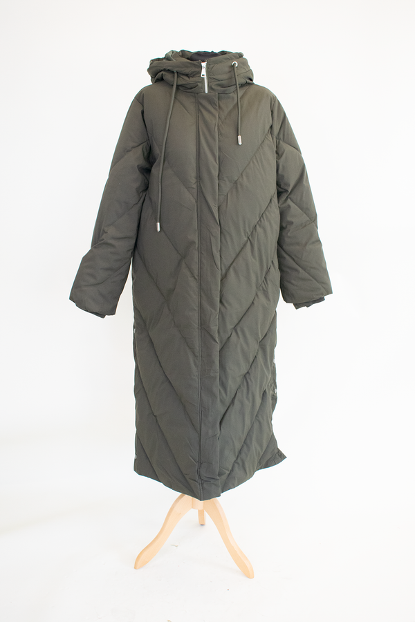 Loraya Hooded Puffer Coat with Quilted Design in Khaki