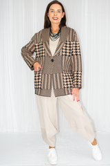 Hannah Houndstooth One Button Knitted Blazer in Camel