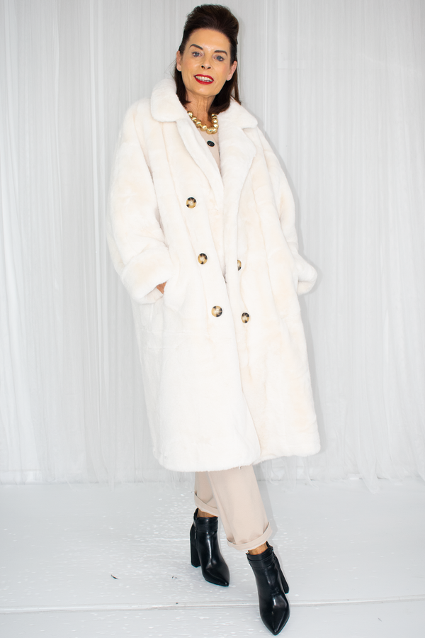 Carmello Plush Faux Fur Longline Coat in Cream