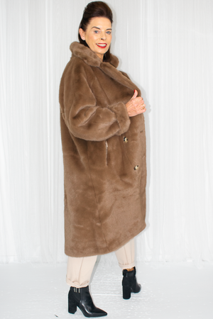 Carmello Plush Faux Fur Longline Coat in Chocolate