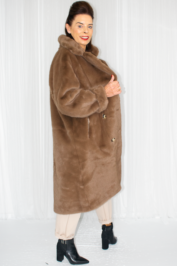 Carmello Plush Faux Fur Longline Coat in Chocolate