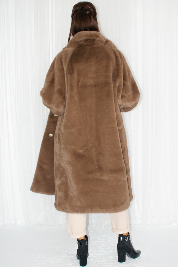 Carmello Plush Faux Fur Longline Coat in Chocolate