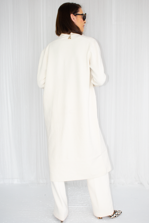 Claudia Longline Knit Jacket with Gold Accent in Cream