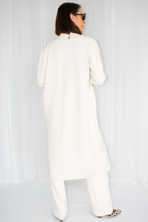 Claudia Longline Knit Jacket with Gold Accent in Cream