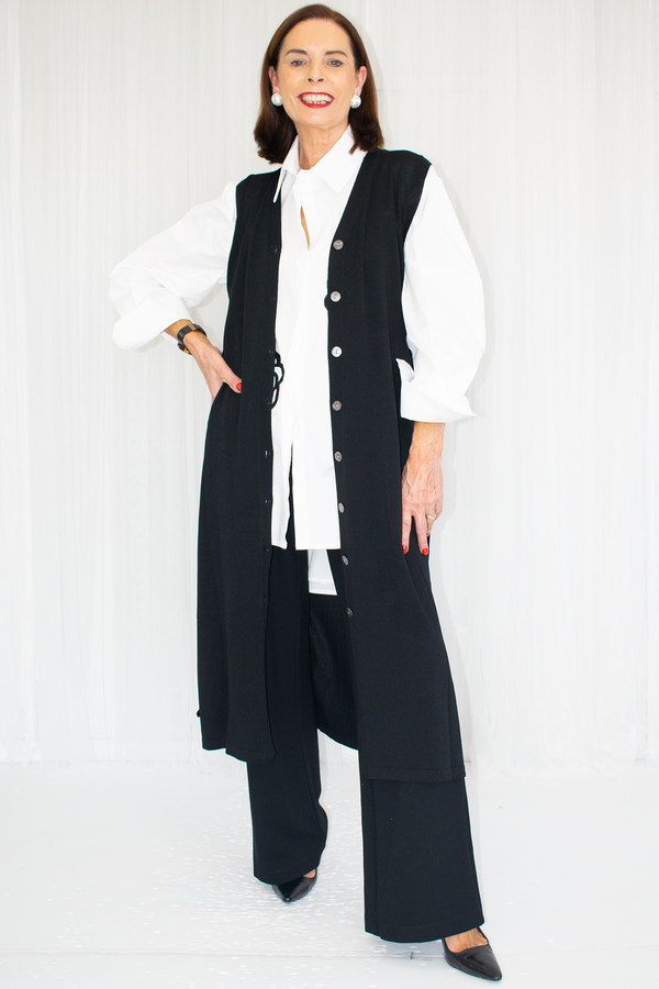 Jessica Longline Button Through Sleeveless Cardigan in Black