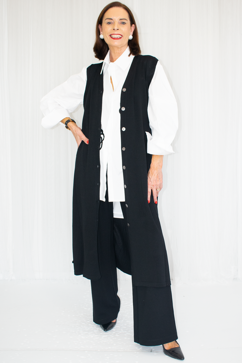 Jessica Longline Button Through Sleeveless Cardigan in Black