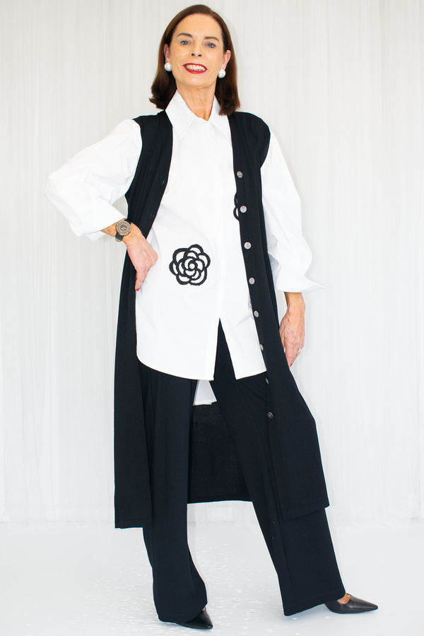 Jessica Longline Button Through Sleeveless Cardigan in Black