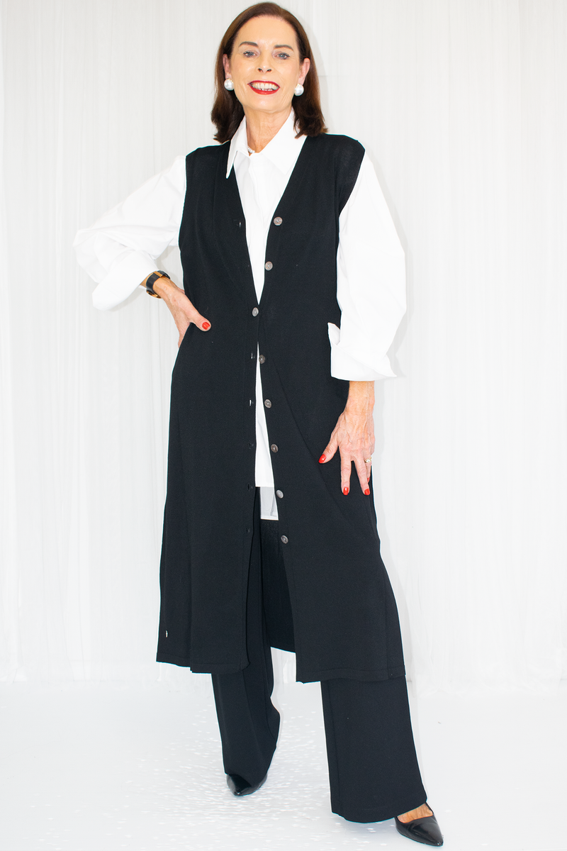 Jessica Longline Button Through Sleeveless Cardigan in Black