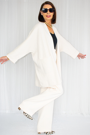 Diana Mid Length Knit Jack with gold accent in cream