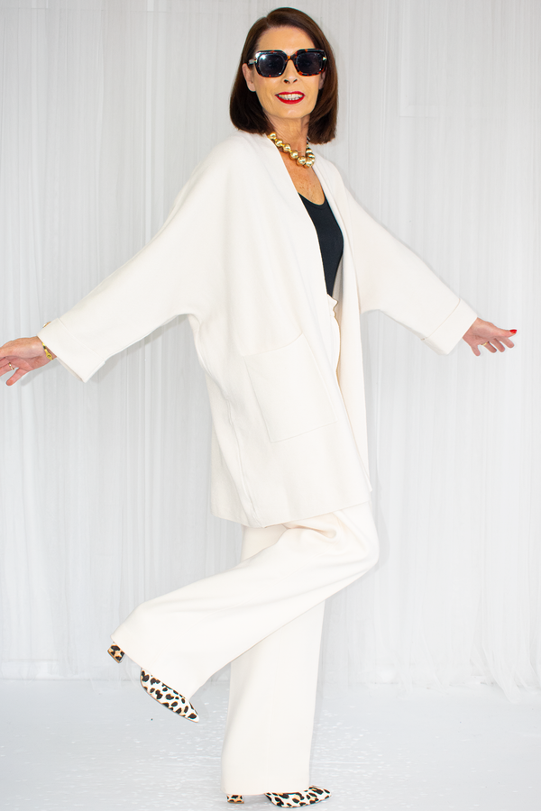 Diana Mid Length Knit Jack with gold accent in cream