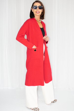 Claudia Longline Knit Jacket with gold accent in Red