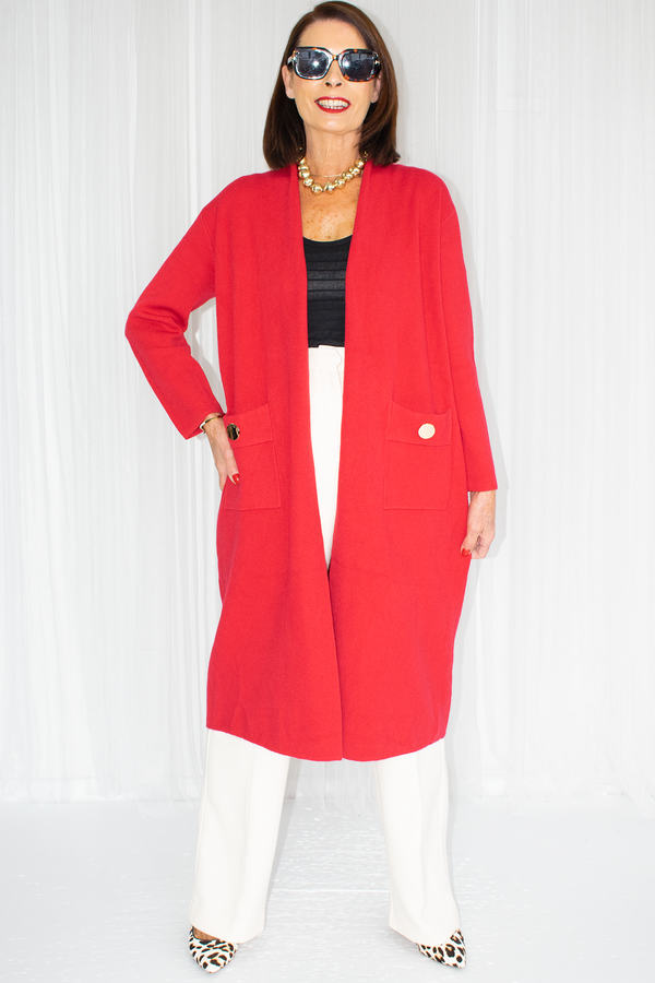 Claudia Longline Knit Jacket with gold accent in Red