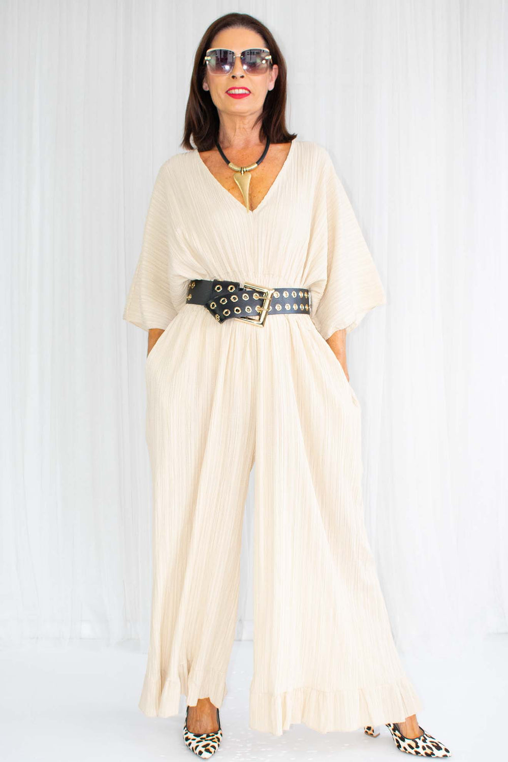 Luciana Wide Leg Palazzo Jumpsuit in Soft Beige