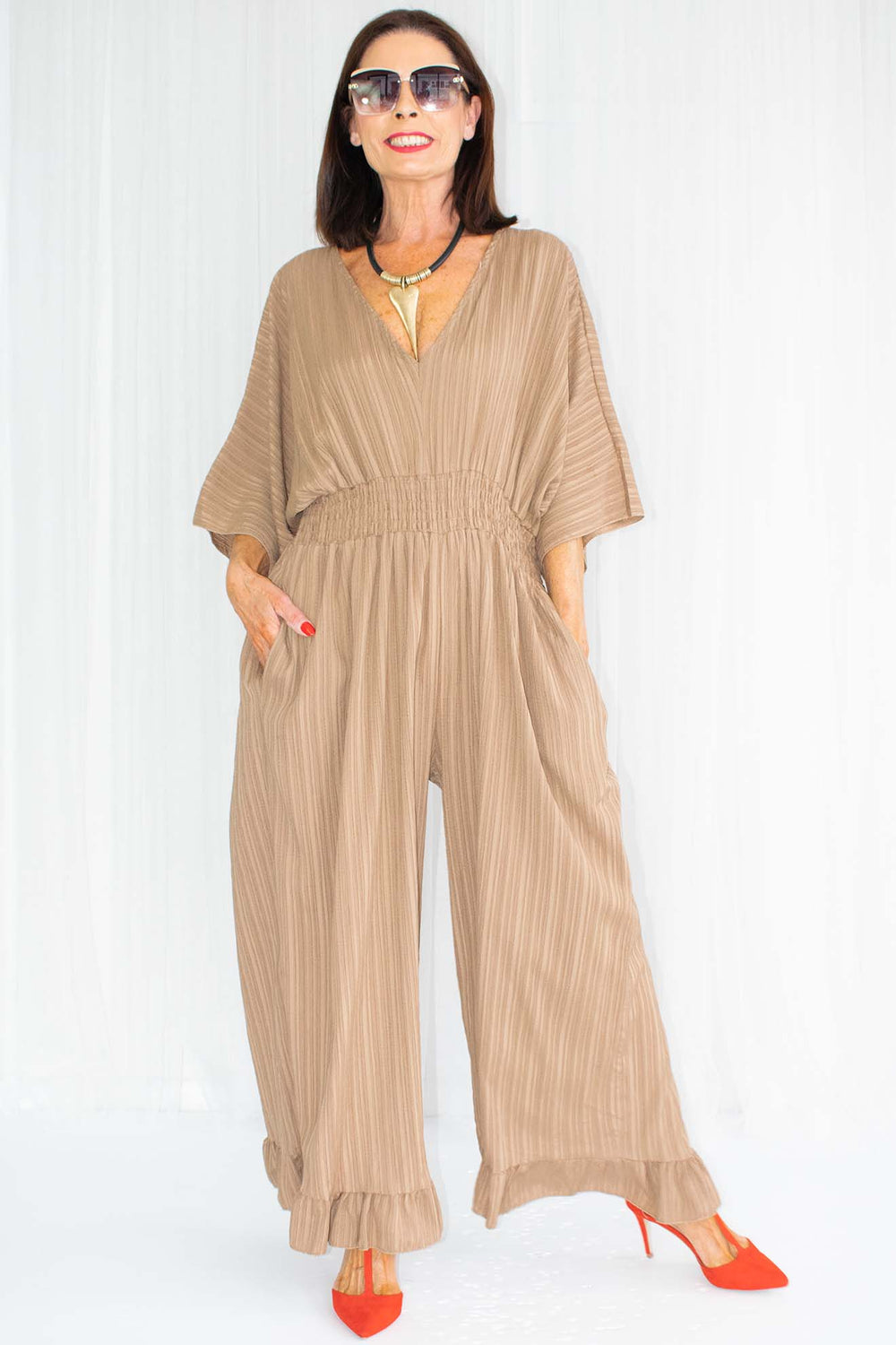 Luciana Wide Leg Palazzo Jumpsuit in Warm Mocha