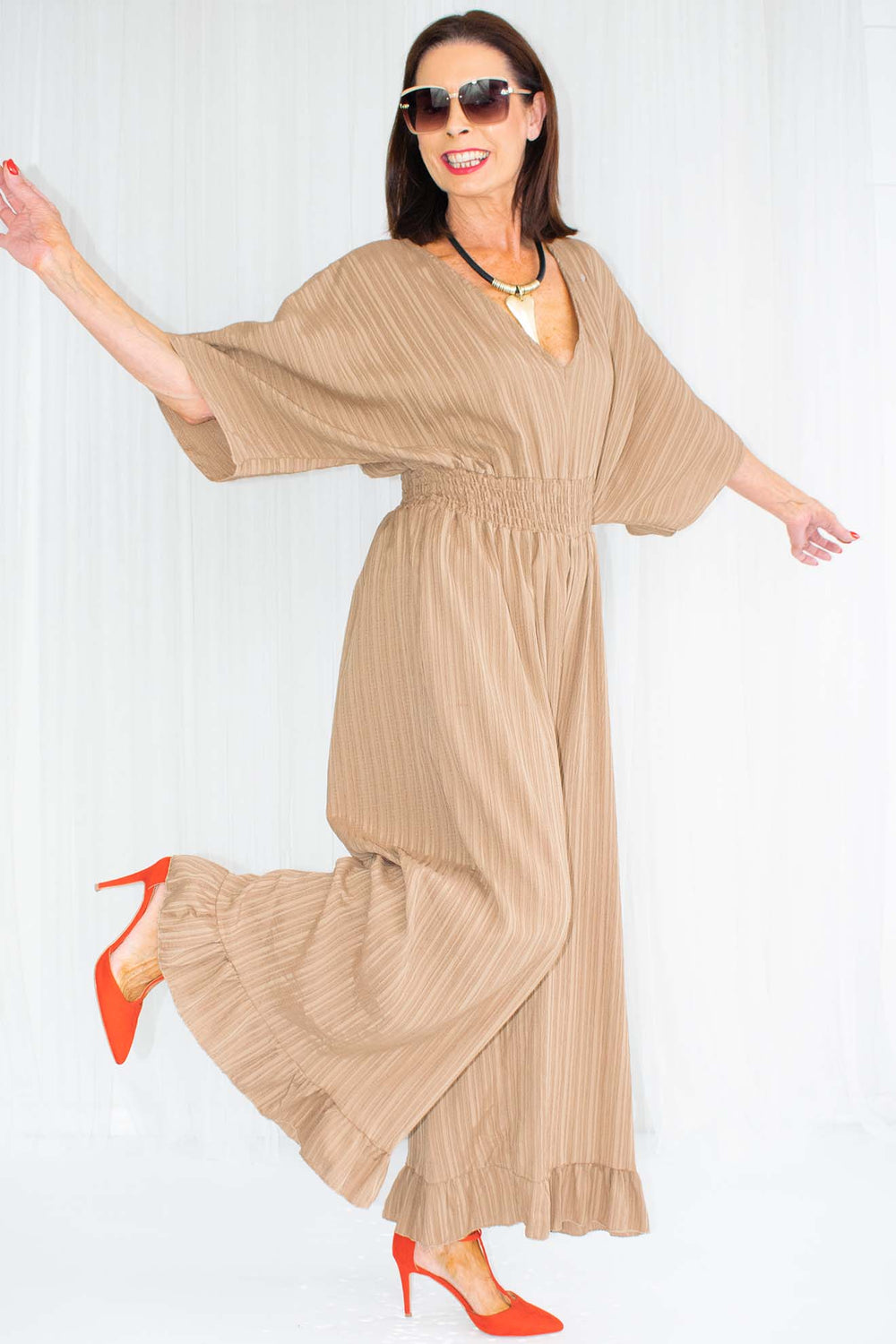 Luciana Wide Leg Palazzo Jumpsuit in Warm Mocha