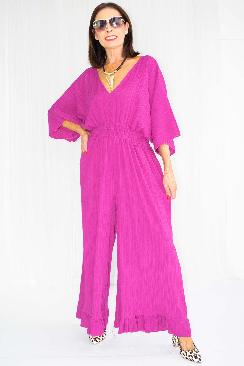 Luciana Wide Leg Palazzo Jumpsuit in Raspberry