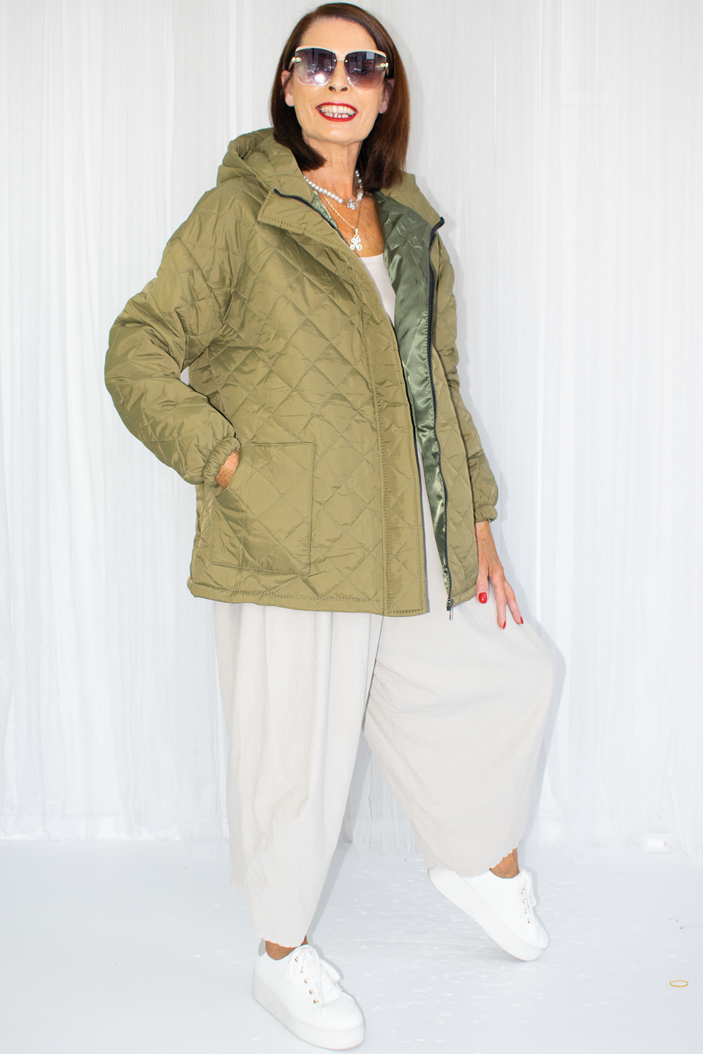 Jessie Belted Lightweight Quilted Jacket in Khaki Bond Street Store