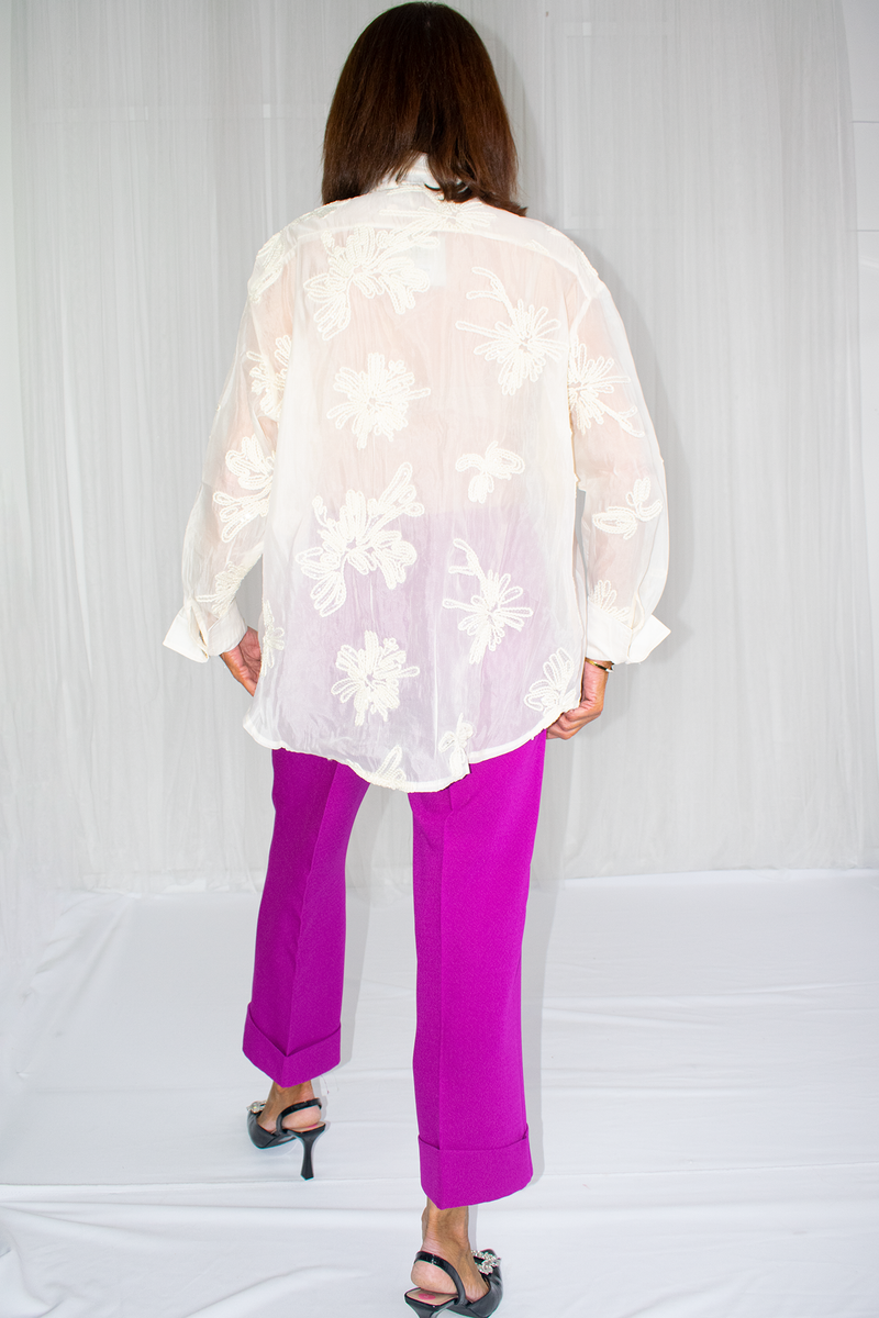 Daisy Floral Applique Organza Shirt in Cream