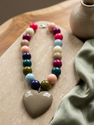 Beaded Heart Necklace in mocha with multi