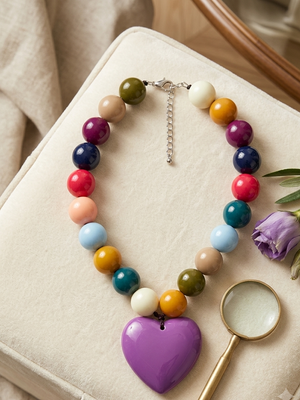 Beaded Heart Necklace in lavender with multi