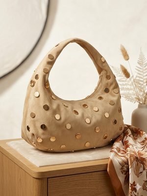 Gold Button faux suede bag in Sand - Bond Street Store