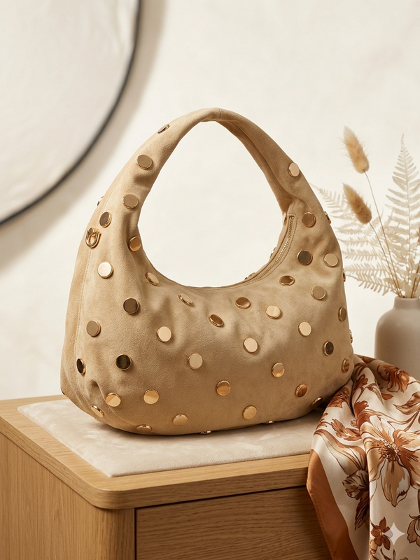 Gold Button faux suede bag in Sand - Bond Street Store