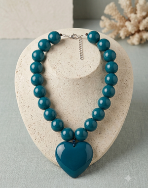 Beaded Heart Necklace in teal