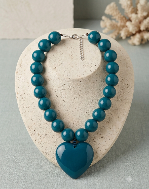 Beaded Heart Necklace in teal
