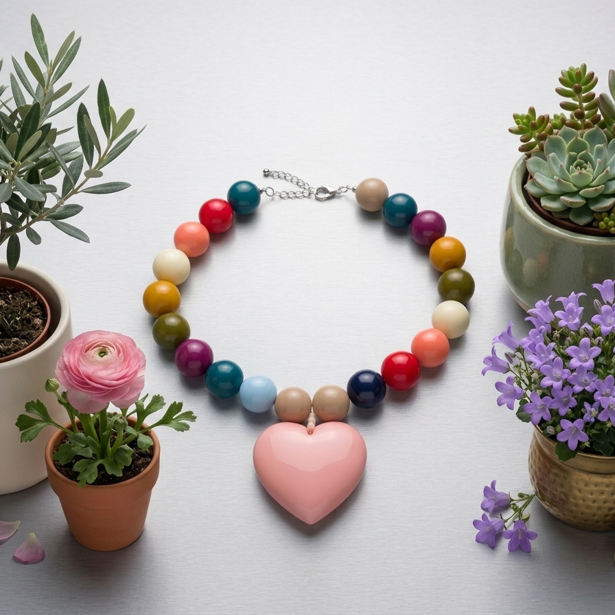 Beaded Heart Necklace in blush with multi