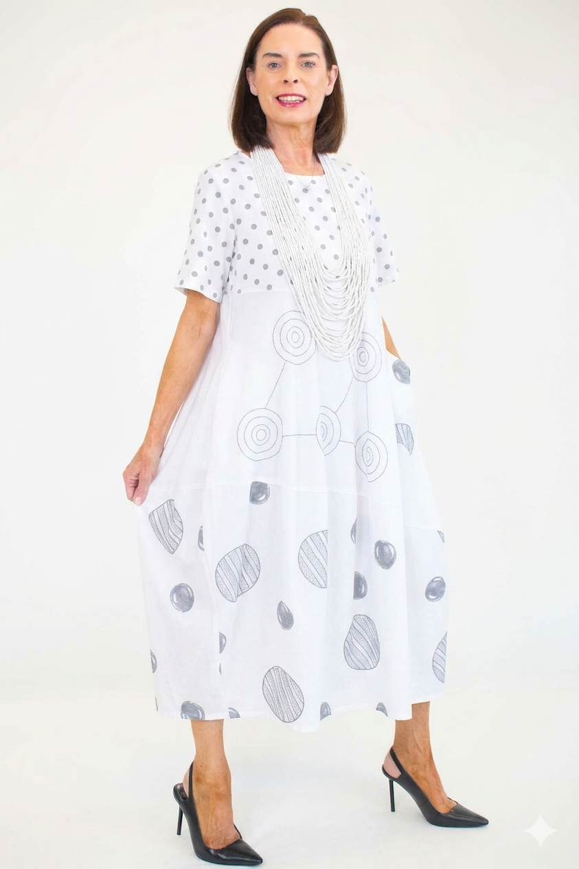 Clara Circle Print Cocoon Dress in white - Bond Street Store