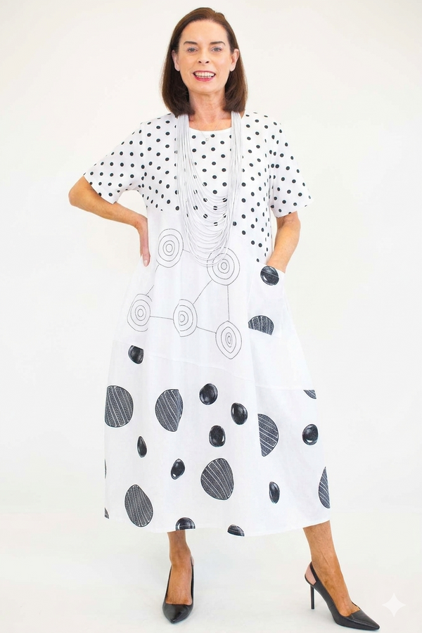Clara Circle Print Cocoon Dress in white - Bond Street Store
