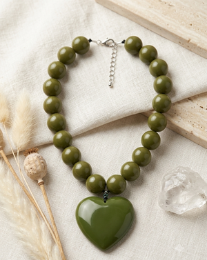 Beaded Heart Necklace in olive