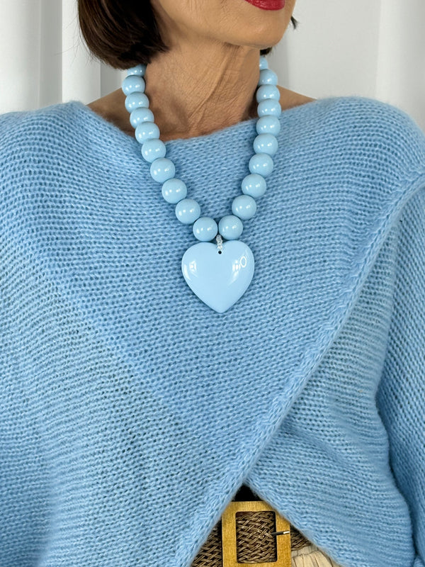 Beaded Heart Necklace in baby blue - Bond Street Store