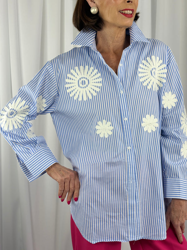 Tabitha fine pin stripe shirt in baby blue - Bond Street Store