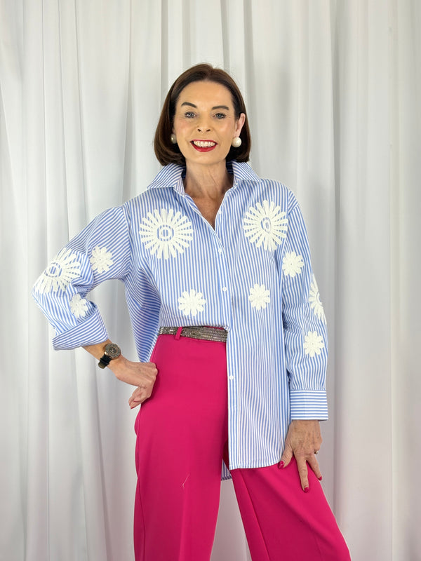 Tabitha fine pin stripe shirt in baby blue - Bond Street Store