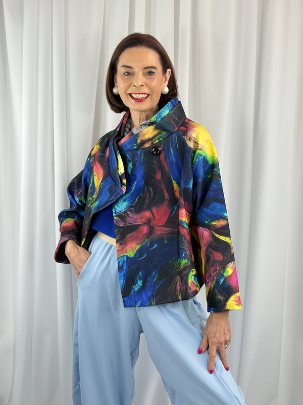 New york pulse asymetric jacket in royal blue and multi