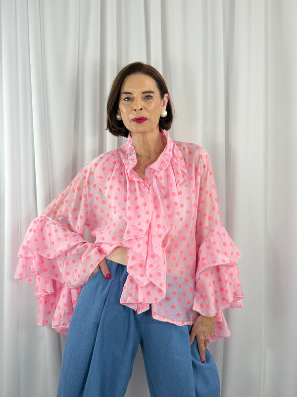 Emanuel Top in pink with orange polka dots - Bond Street Store