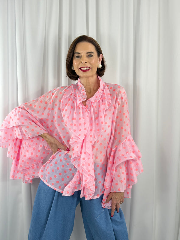 Emanuel Top in pink with orange polka dots - Bond Street Store