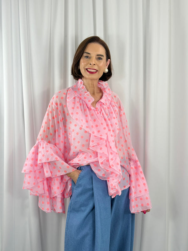 Emanuel Top in pink with orange polka dots - Bond Street Store