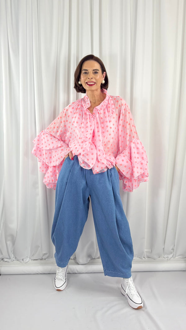 Emanuel Top in pink with orange polka dots - Bond Street Store